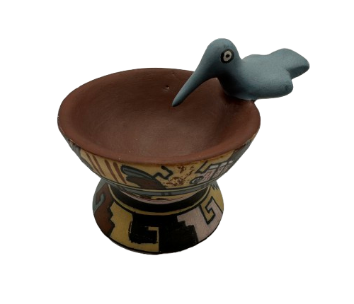 Maya ceremonial vessel in hummingbird shape, archaeological replica with traditional painted motifs