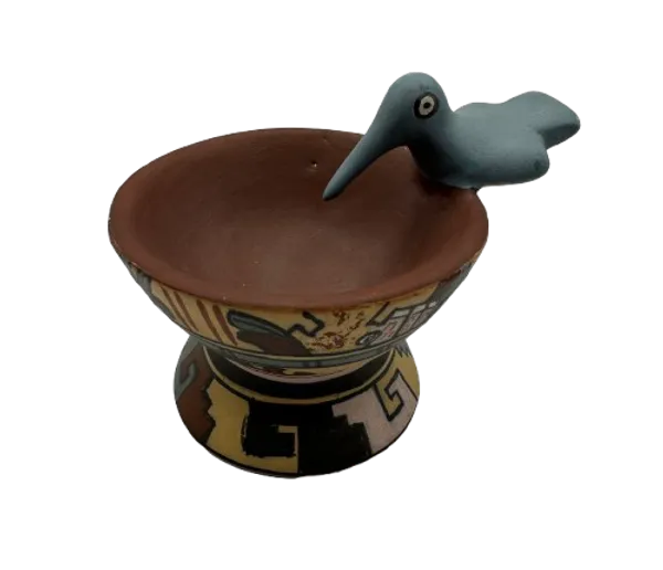 Maya ceremonial vessel in hummingbird shape, archaeological replica with traditional painted motifs